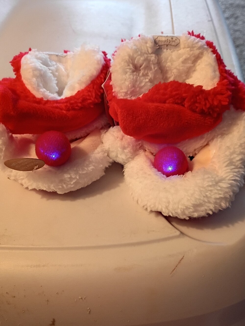 Mud Pie Red and White Plush Light-Up Pom Pom Kids Slippers